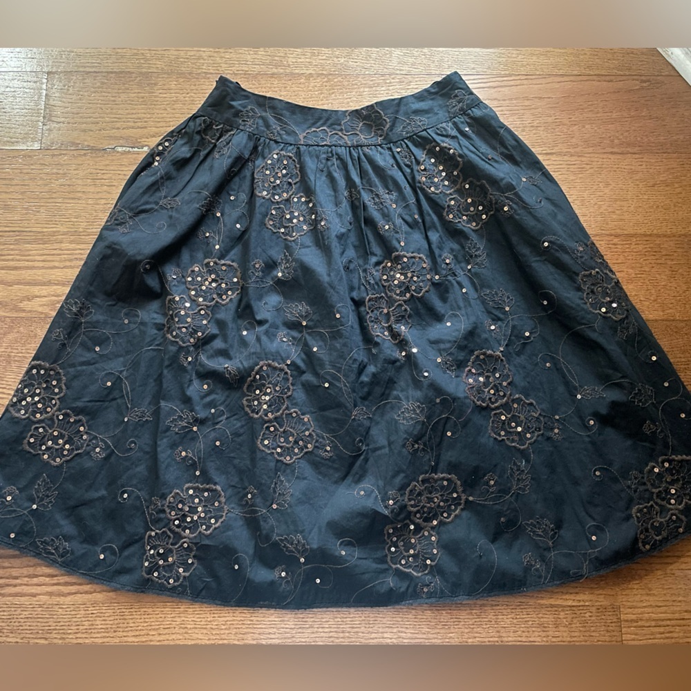 Vintage Brown Sequin Floral‎ Embroidered Cotton Skirt 12 Goblin Fairy Earthy 90s